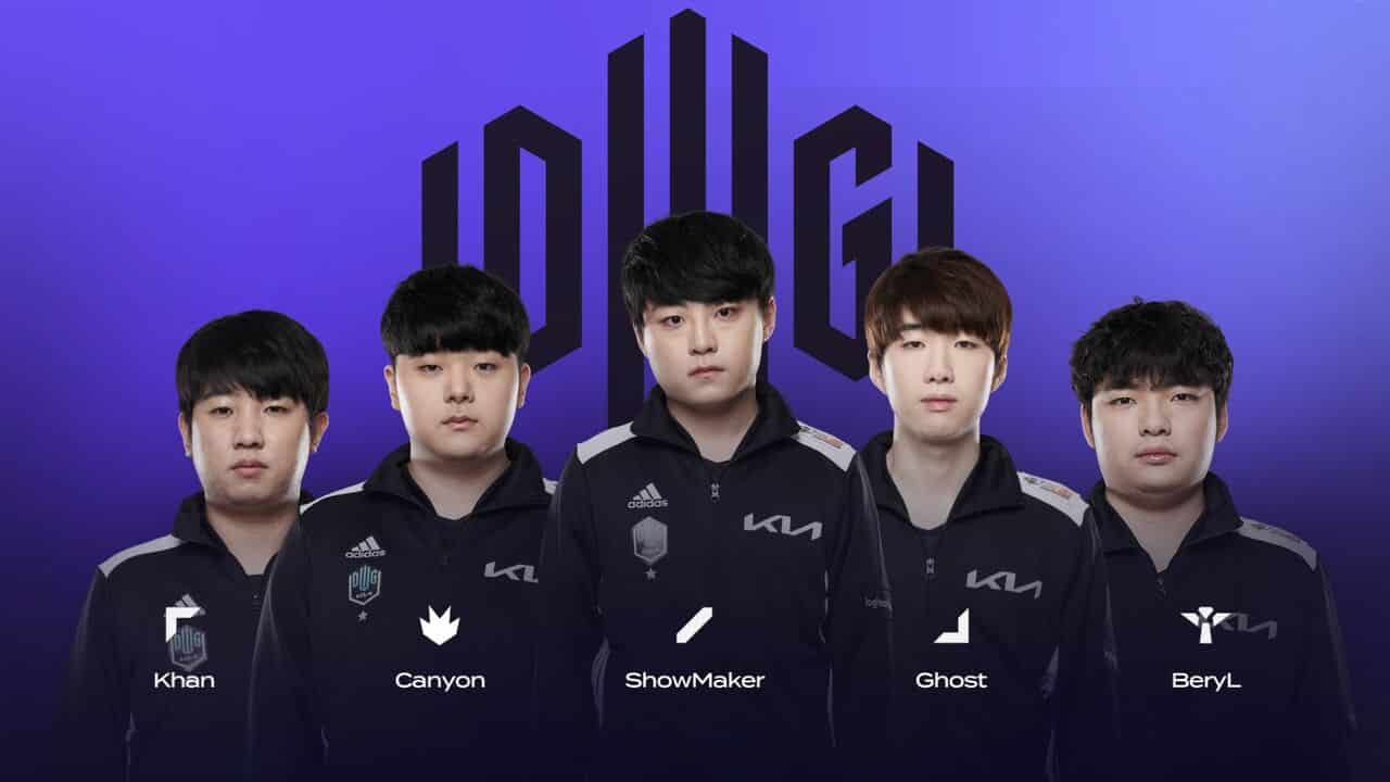 The DAMWON Gaming KIA 2021 LoL roster of Khan, Canyon, Showmaker, Ghost and BeryL appear together with their names beneath them and the DWG KIA logo behind them.