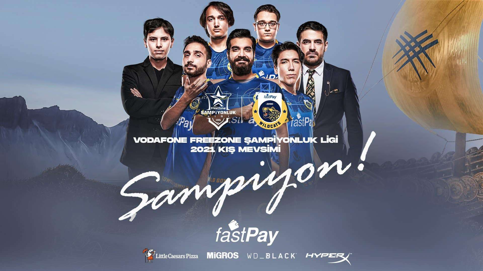 The fastpay Wildcats LoL roster appears grouped together with a viking ship and mountains as the background.