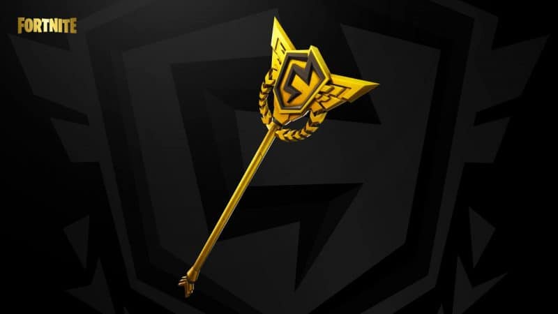 The Fortnite Axe of Champions, a golden axe bearing the FNCS logo. The same logo can be seen in a faint grey on the black background