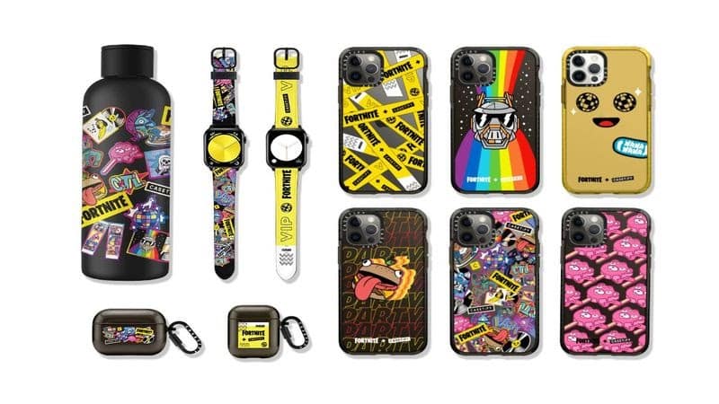 Some of the Fortnite crossover products available from CASETiFY, including phone cases, watches and drink bottles