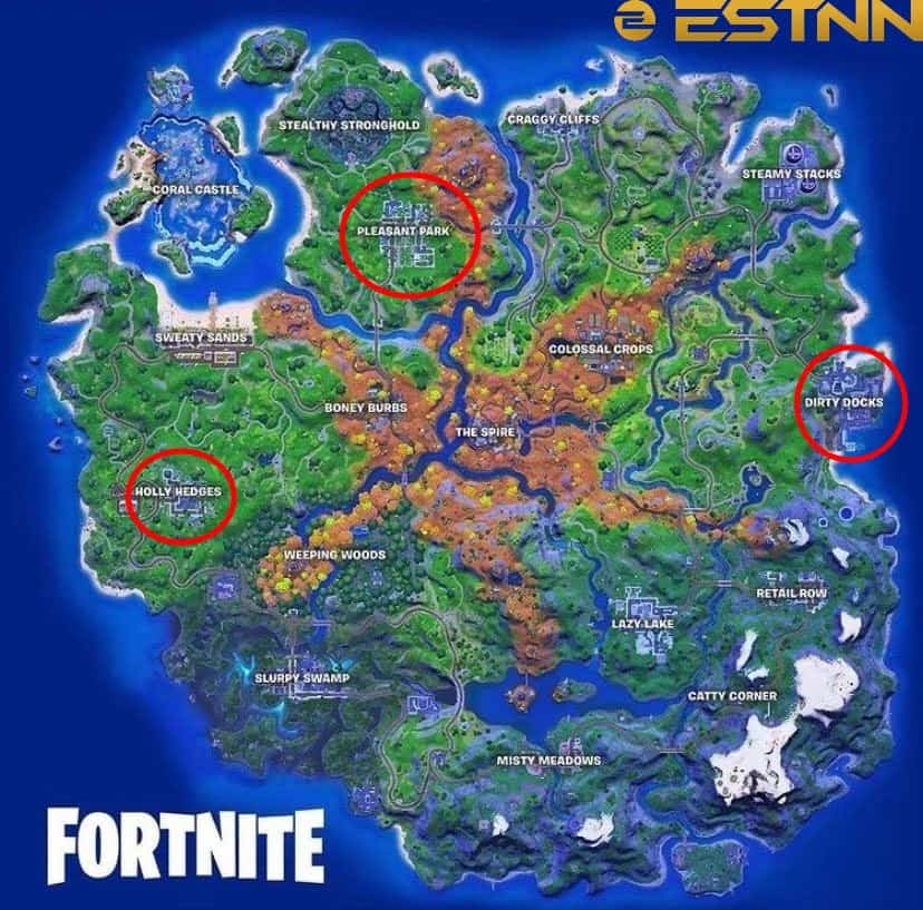 An image of the Fortnite map with the Island Soccer NPC spawn locations marked at Holly Hedges, Pleasant Park and Dirty Docks