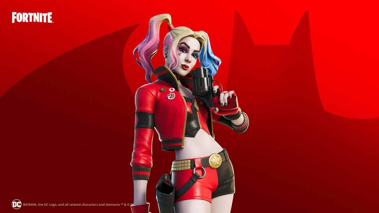 The Fortnite rendition of Harley Quinn poses with a revolver on a red background with the shade of the Batman symbol behind her.