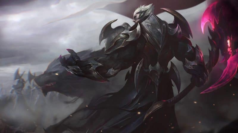 Darius in his God-King Darius skin, standing with his back toward the viewer, his glowing great axe held at the ready