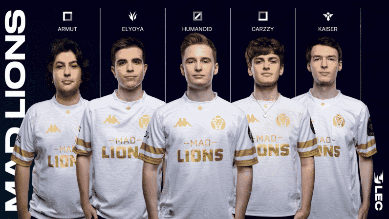 The MAD Lions' 2021 LEC roster of Armut, Elyoya, Humanoid, Carzzy and Kaiser is lined up with their name and role icons pictured above their heads.