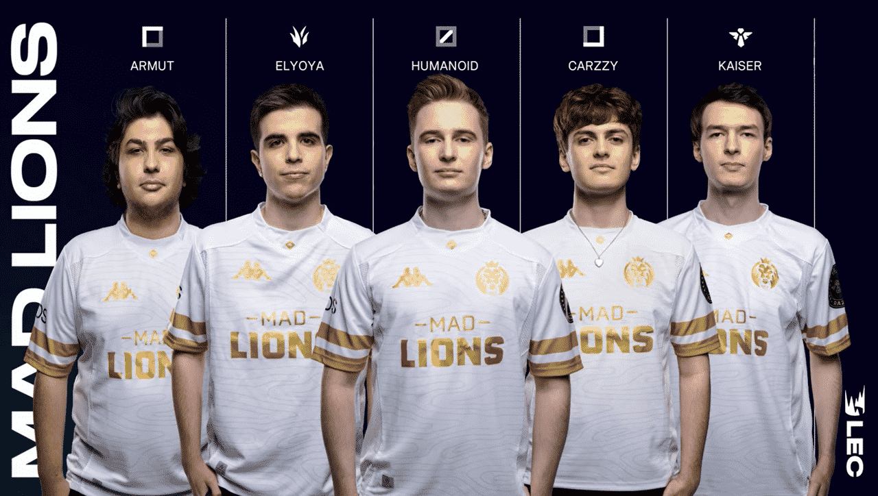The MAD Lions' 2021 LEC roster of Armut, Elyoya, Humanoid, Carzzy and Kaiser is lined up with their name and role icons pictured above their heads.
