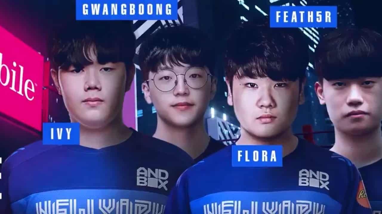 Overwatch League players FEATH5R, Ivy, Flora, and Gwangboong appear together with their names in boxes near them.