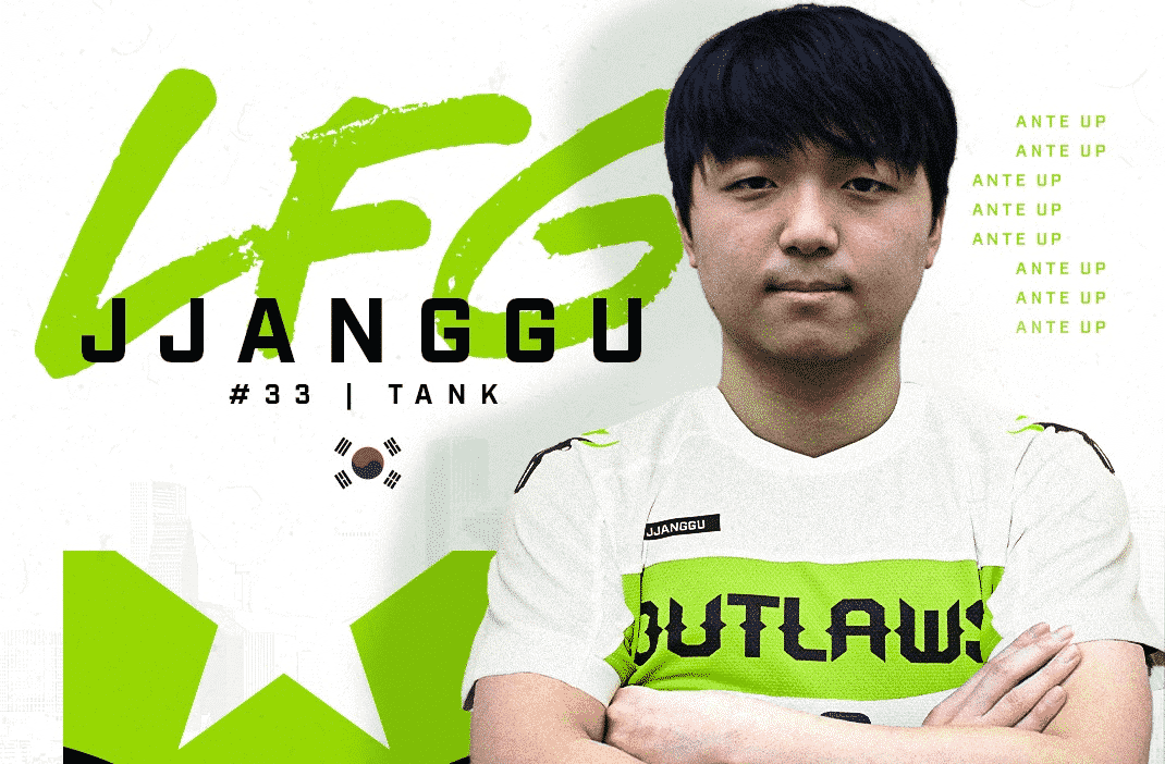 Myung-heum "JJANGGU" Cho stands with arms folded in his Houston Outlaws jersey