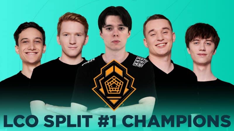 The Pentanet.gg 2021 LoL roster is lined up with their team logo and the words "LCO Split #1 Champions" beneath them.
