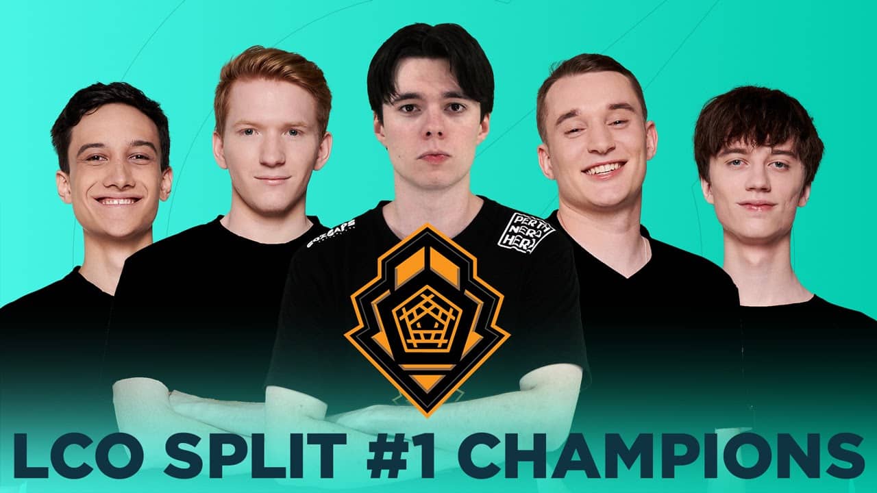 The Pentanet.gg 2021 LoL roster is lined up with their team logo and the words "LCO Split #1 Champions" beneath them.