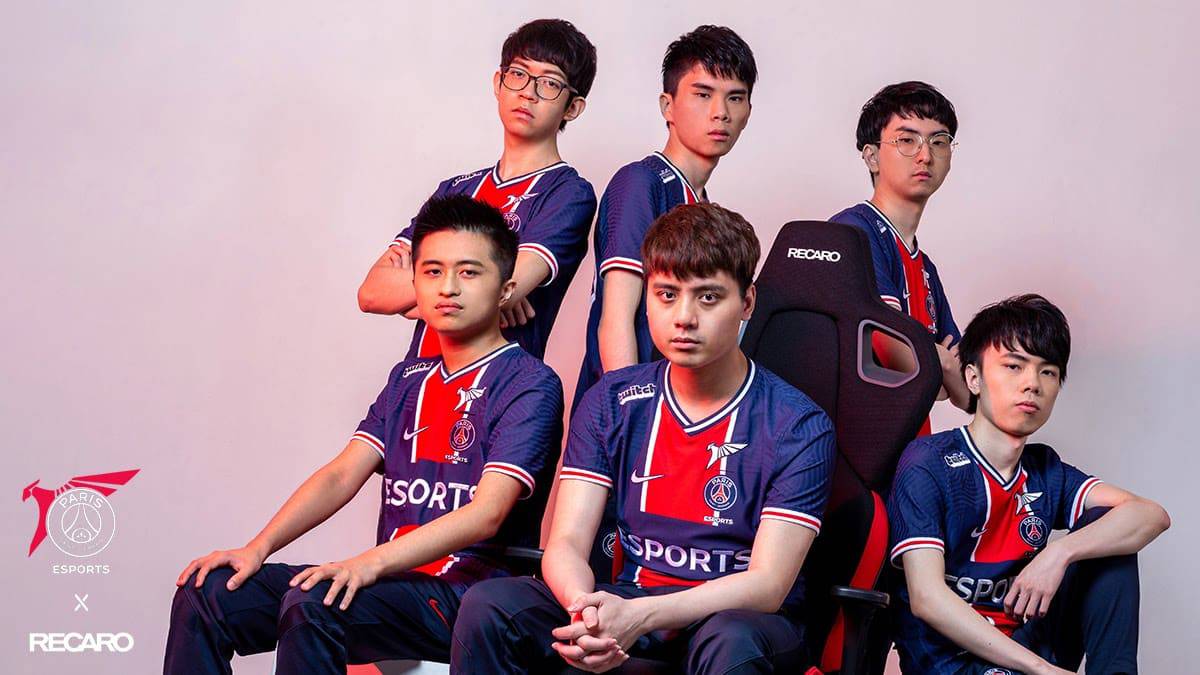 The PSG.Talon LoL roster of Hanabi, River, Maple, Unified and Kaiwing pose together with a PSG.Talon logo in the corner.