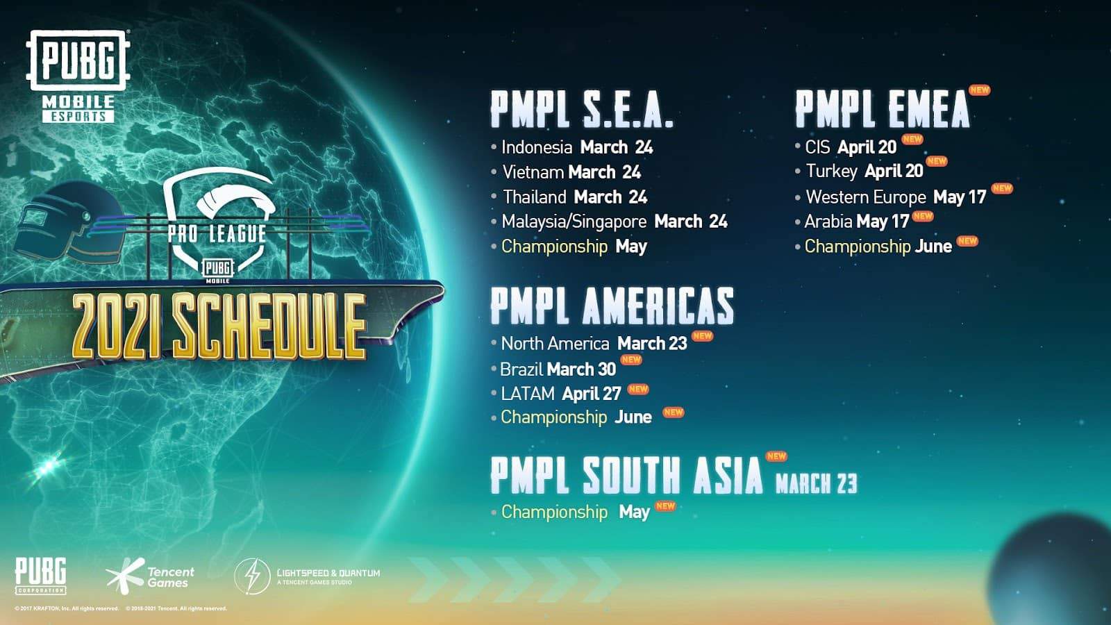 A breakdown of the dates for the SEA, EMEA, Americas and South East Asia PMPL events. To the side is a holographic globe with the PUBG MOBILE Esports logo and the words "Pro League 2021 Schedule."
