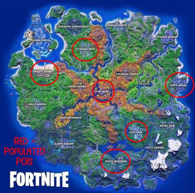 The Fortnite Chapter 2 Season 6 map with a handful of locations circled in red as populated POIs.