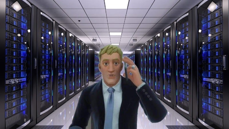 Fortnite character Jonesy holds his hand to his head with a bewildered look inside a server room.