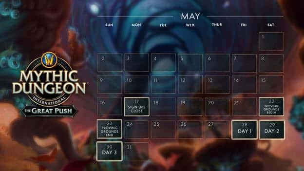 A calendar is shown with key dates for the World of Warcraft Great Push event highlighted, with the event's logo to the left.
