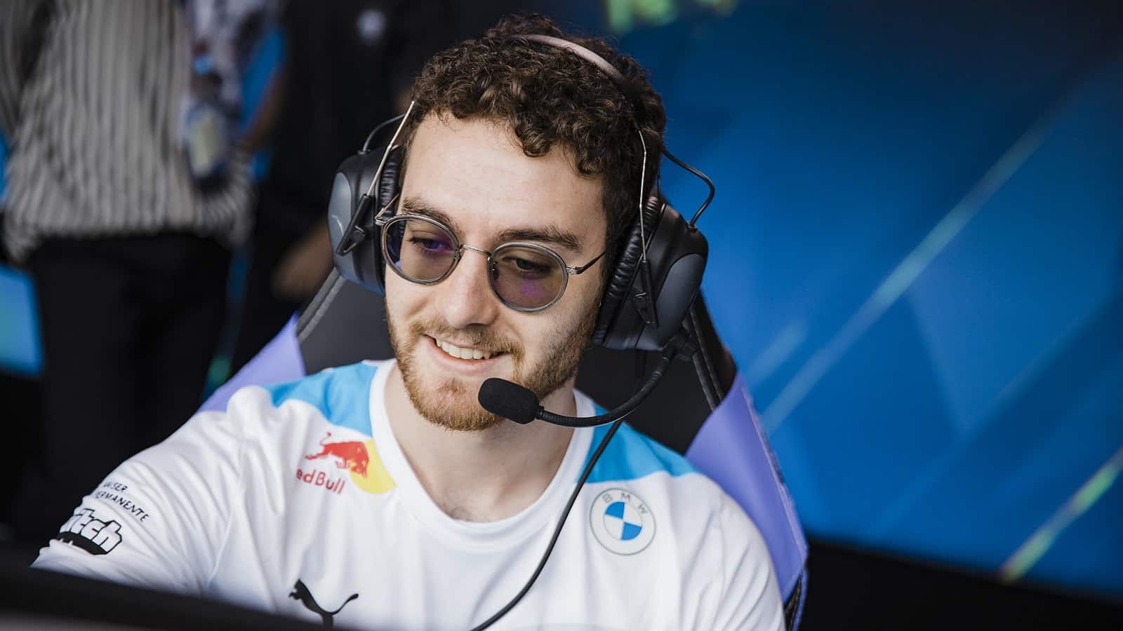 Cloud9's support Philippe "Vulcan" Laflamme smiles on stage during an LCS match.