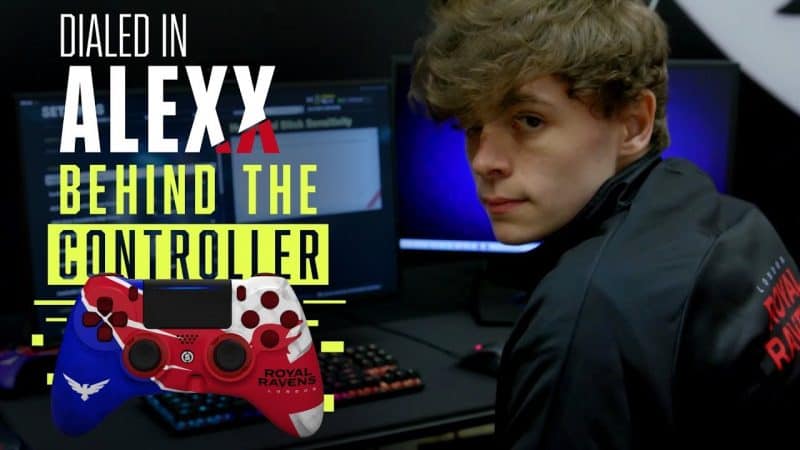 Alex "Alexx" Carpenter appears in front of a PC with the words "Dialed In Alex Behind the Controller" with a red white and blue PlayStation below.