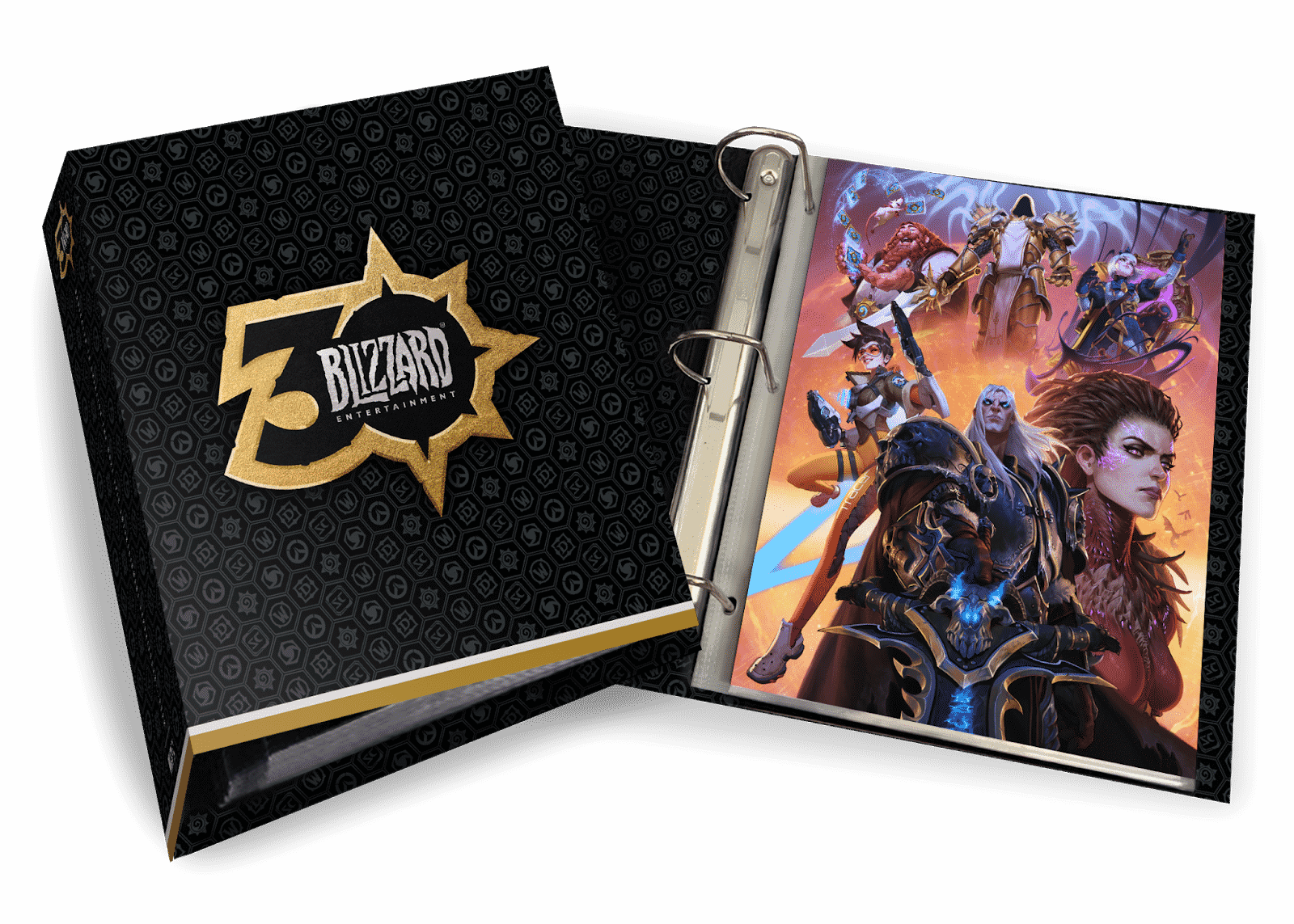 The cover of the 30th Anniversary binder for the Activision Blizzard From the Vault series in shown along with an open page showing artwork.