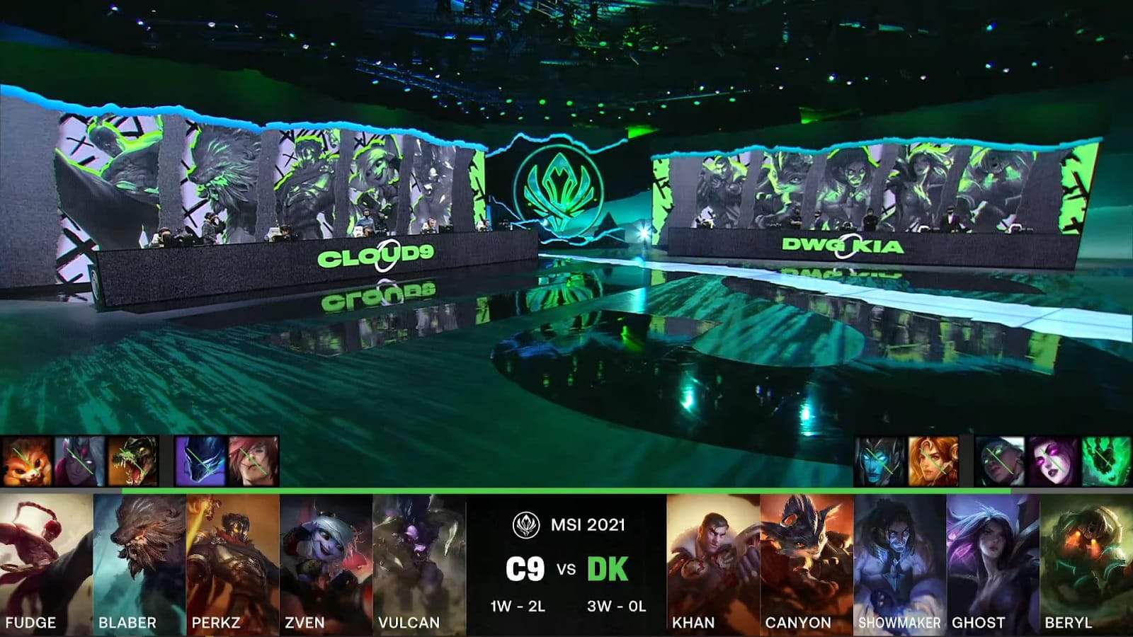 A screenshot from the LoL Esports broadcast for the Mid-Season Invitational (MSI) match between DAMWON KIA and Cloud9. The picked and banned champion drafts appear at the bottom of the image with a shot of the 2021 MSI stage above.