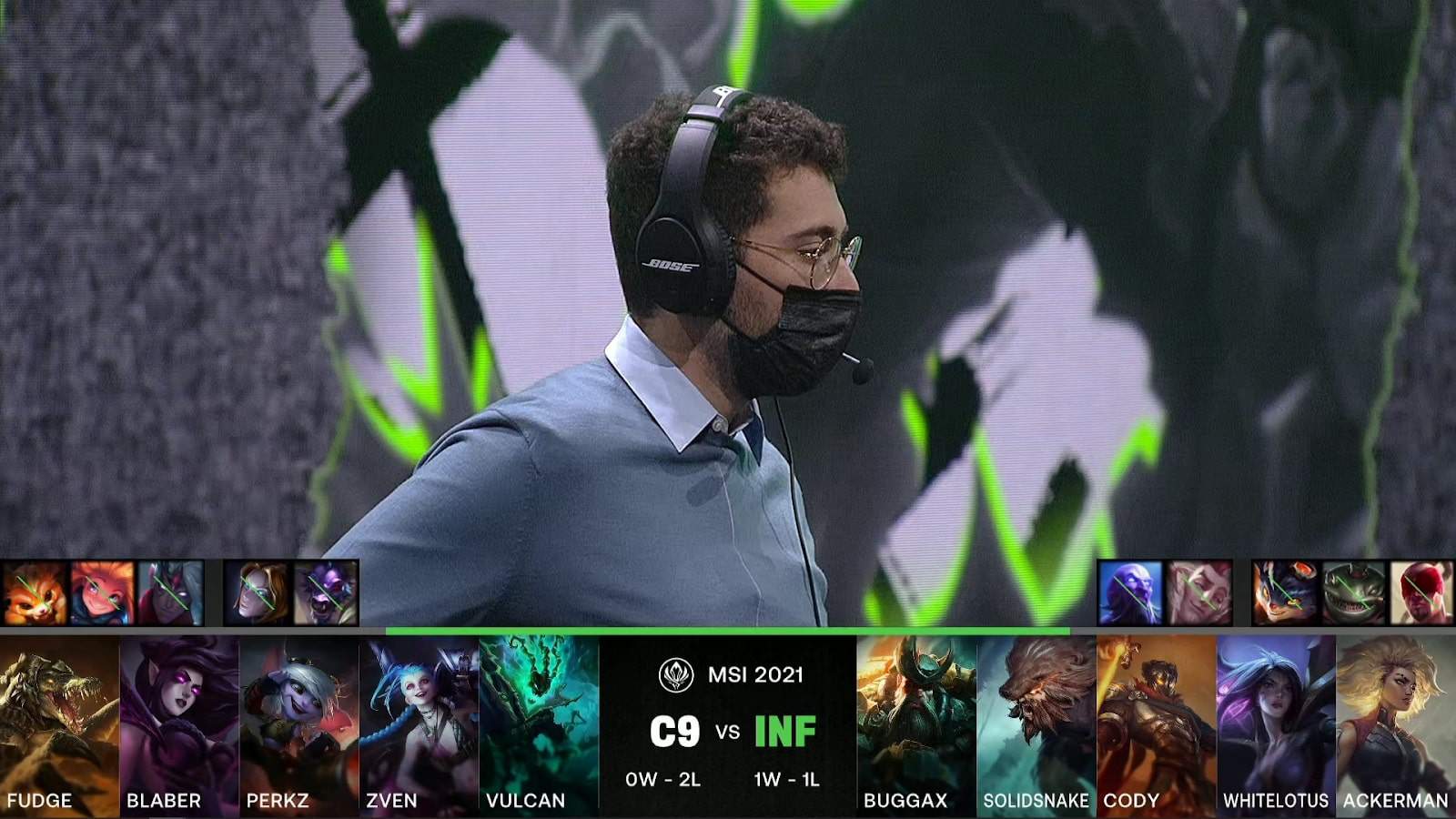 A screenshot from the LoL Esports broadcast for the Mid-Season Invitational (MSI) match between Cloud9 and Infinity Esports. The picked and banned champion drafts appear at the bottom of the image with a shot of C9 coach Mithy above.