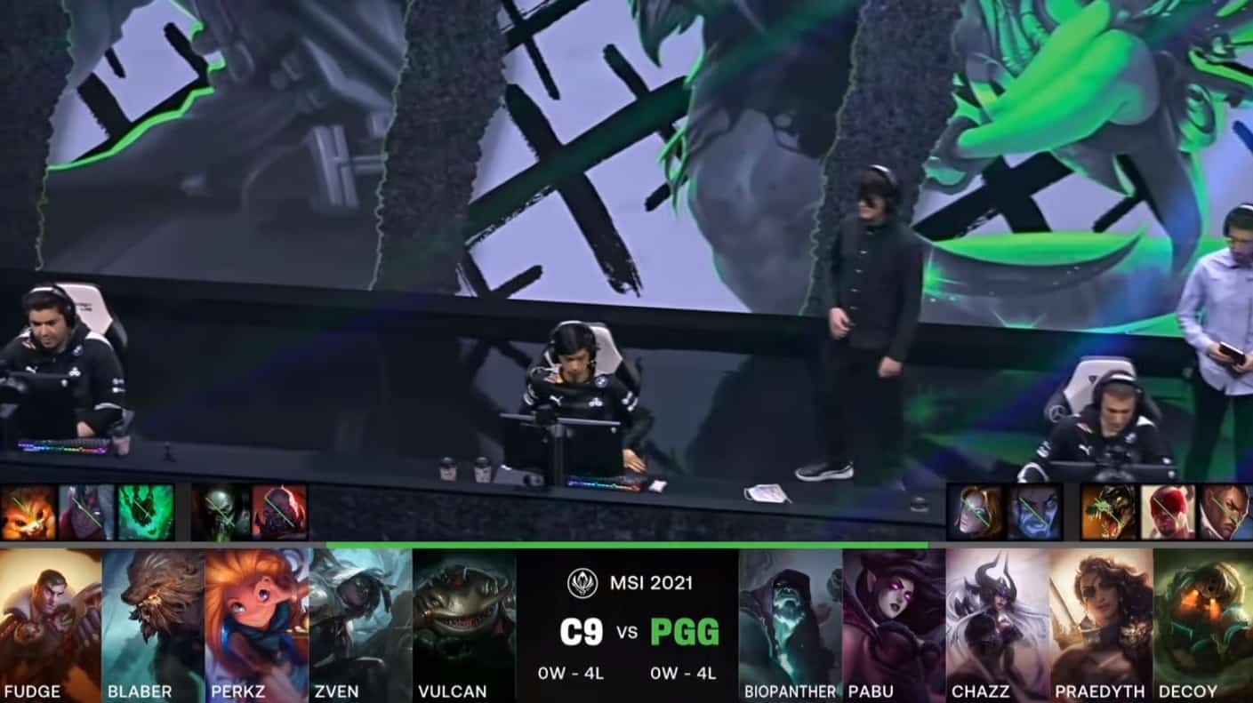 A screenshot from the LoL Esports broadcast for the Mid-Season Invitational (MSI) match between Cloud9 and Pentanet.GG. The picked and banned champion drafts appear at the bottom of the image with a shot of the C9 roster on the 2021 MSI stage above.