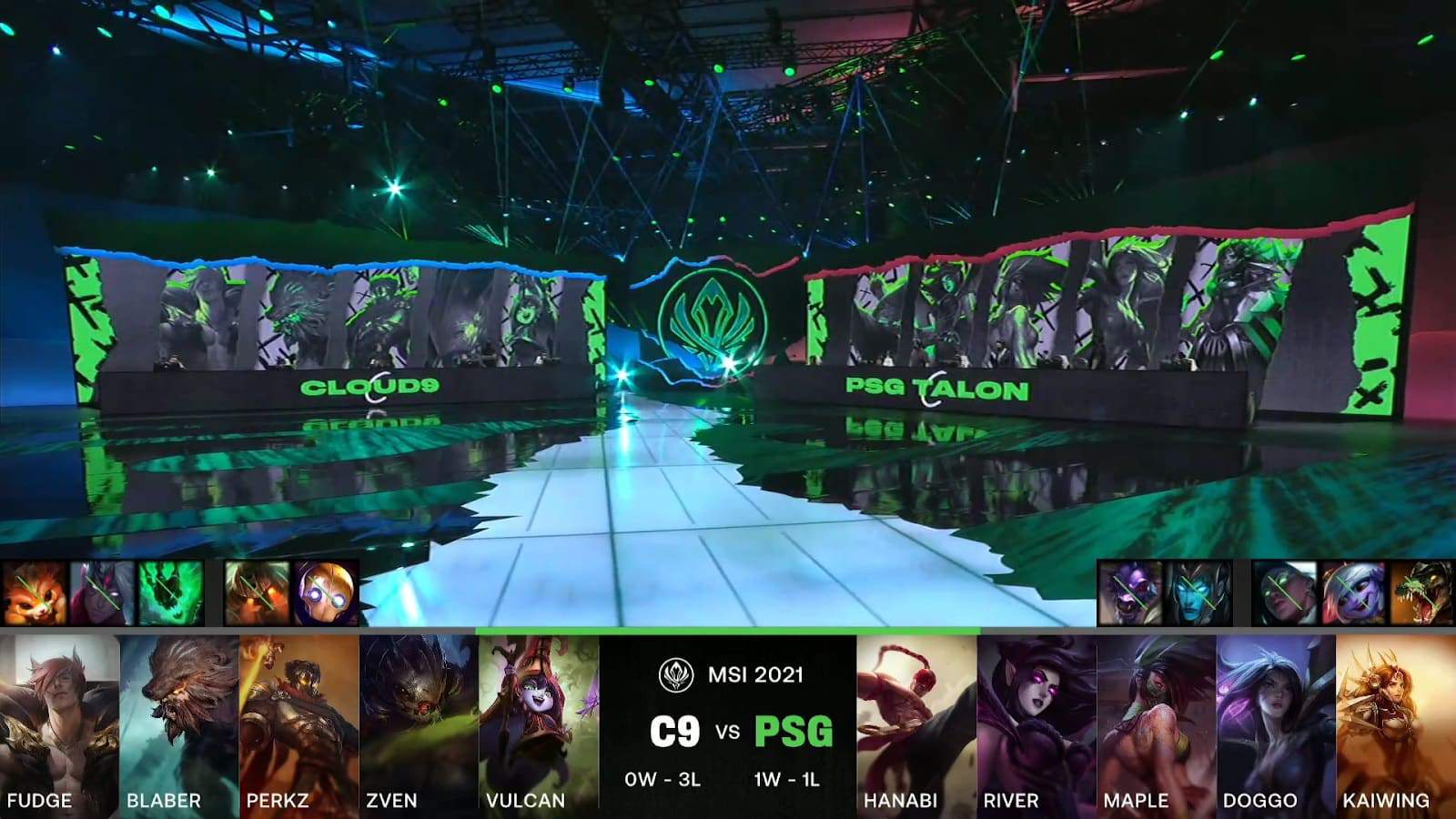 A screenshot from the LoL Esports broadcast for the Mid-Season Invitational (MSI) match between Cloud9 and PSG.Talon. The picked and banned champion drafts appear at the bottom of the image with a shot of the 2021 MSI stage above.