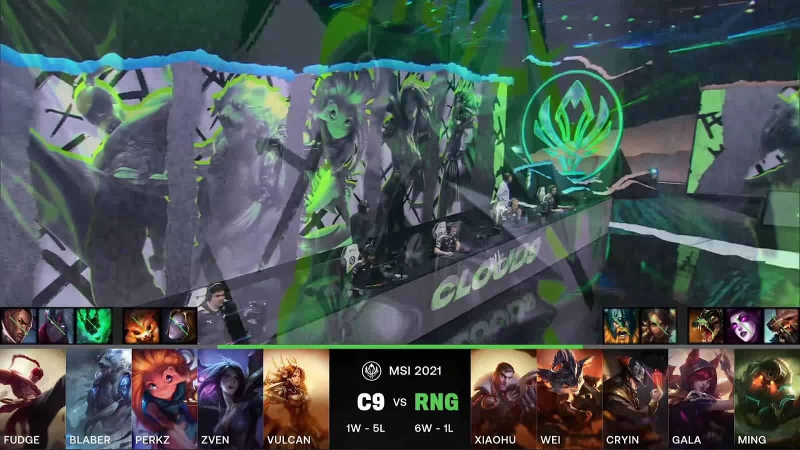 A screenshot from the LoL Esports broadcast for the Mid-Season Invitational (MSI) match between C9 and RNG. The picked and banned champion drafts appear at the bottom of the image with a shot of the 2021 MSI stage above.