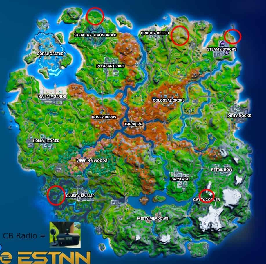 The Chapter 2 Season 6 Fortnite map with locations pointed out to show CB Radio locations.