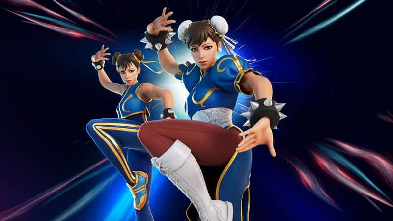 The Chun-Li Fortnite rendition strikes a pose with another variation mirroring it behind her.