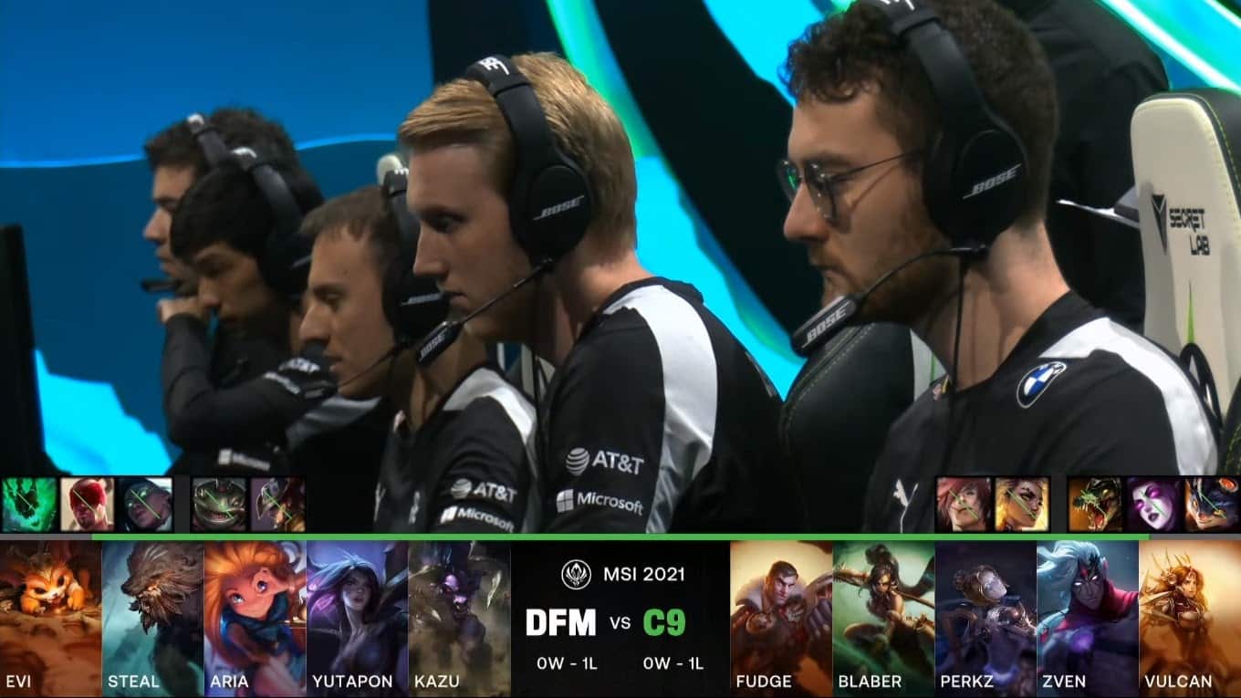 A screenshot from the LoL Esports broadcast for the Mid-Season Invitational (MSI) match between DetonatioN FocusMe and Cloud9. The picked and banned champion drafts appear at the bottom of the image with a shot of the C9 lineup above.