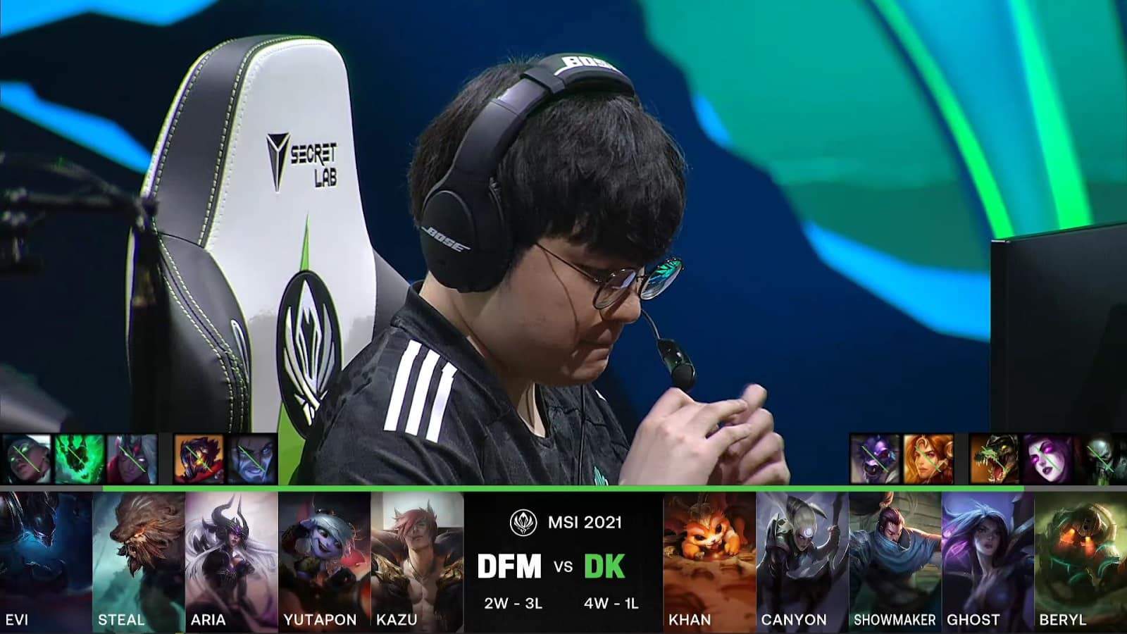 A screenshot from the LoL Esports broadcast for the Mid-Season Invitational (MSI) match between DAMWON KIA and Detonation FocusMe. The picked and banned champion drafts appear at the bottom of the image with a shot of DK ShowMaker above.