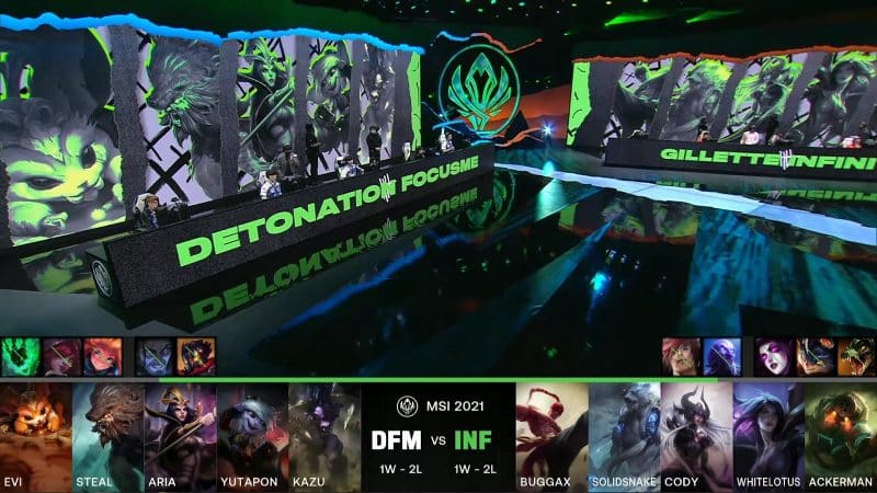 A screenshot from the LoL Esports broadcast for the Mid-Season Invitational (MSI) match between Gillette Infinity and DetonatioN FocusMe. The picked and banned champion drafts appear at the bottom of the image with a shot of the MSI stage above.