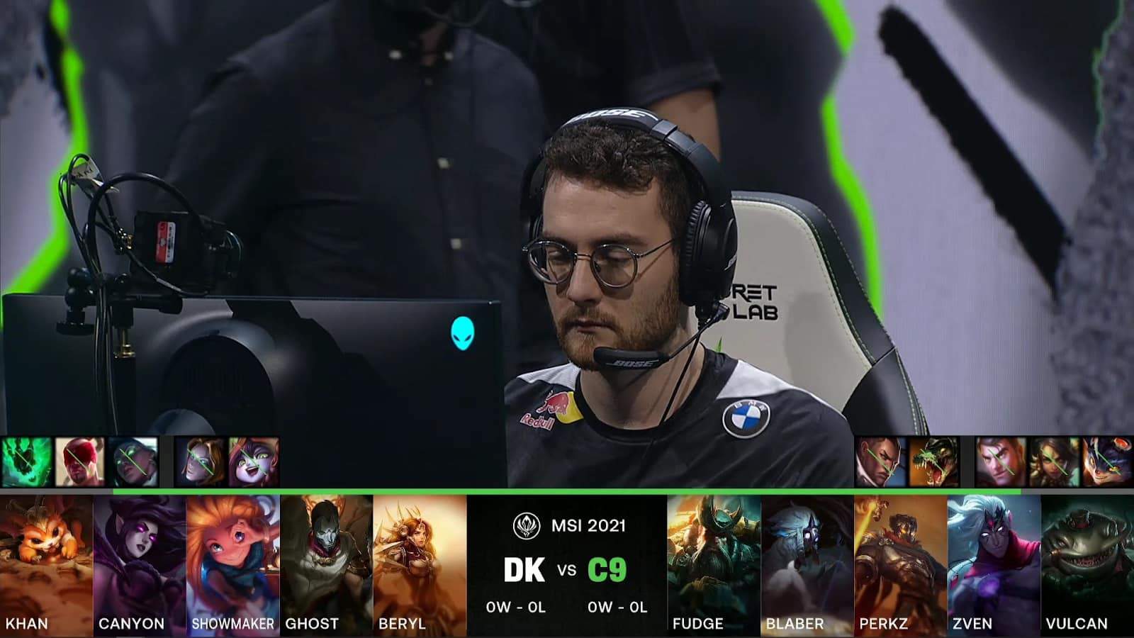 A screenshot from the LoL Esports broadcast for the Mid-Season Invitational (MSI) match between DAMWON KIA and Cloud9. The picked and banned champion drafts appear at the bottom of the image with a shot of C9 Vulcan in the center.