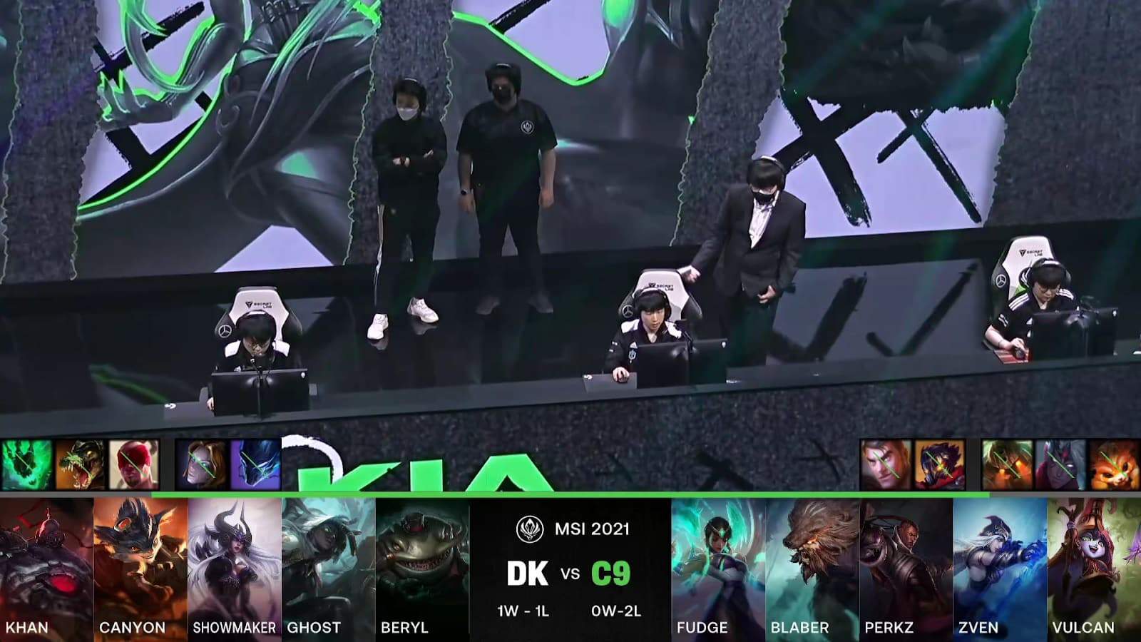 A screenshot from the LoL Esports broadcast for the Mid-Season Invitational (MSI) match between DAMWON KIA and Cloud9. The picked and banned champion drafts appear at the bottom of the image with a shot of the DK LoL lineup on stage above.