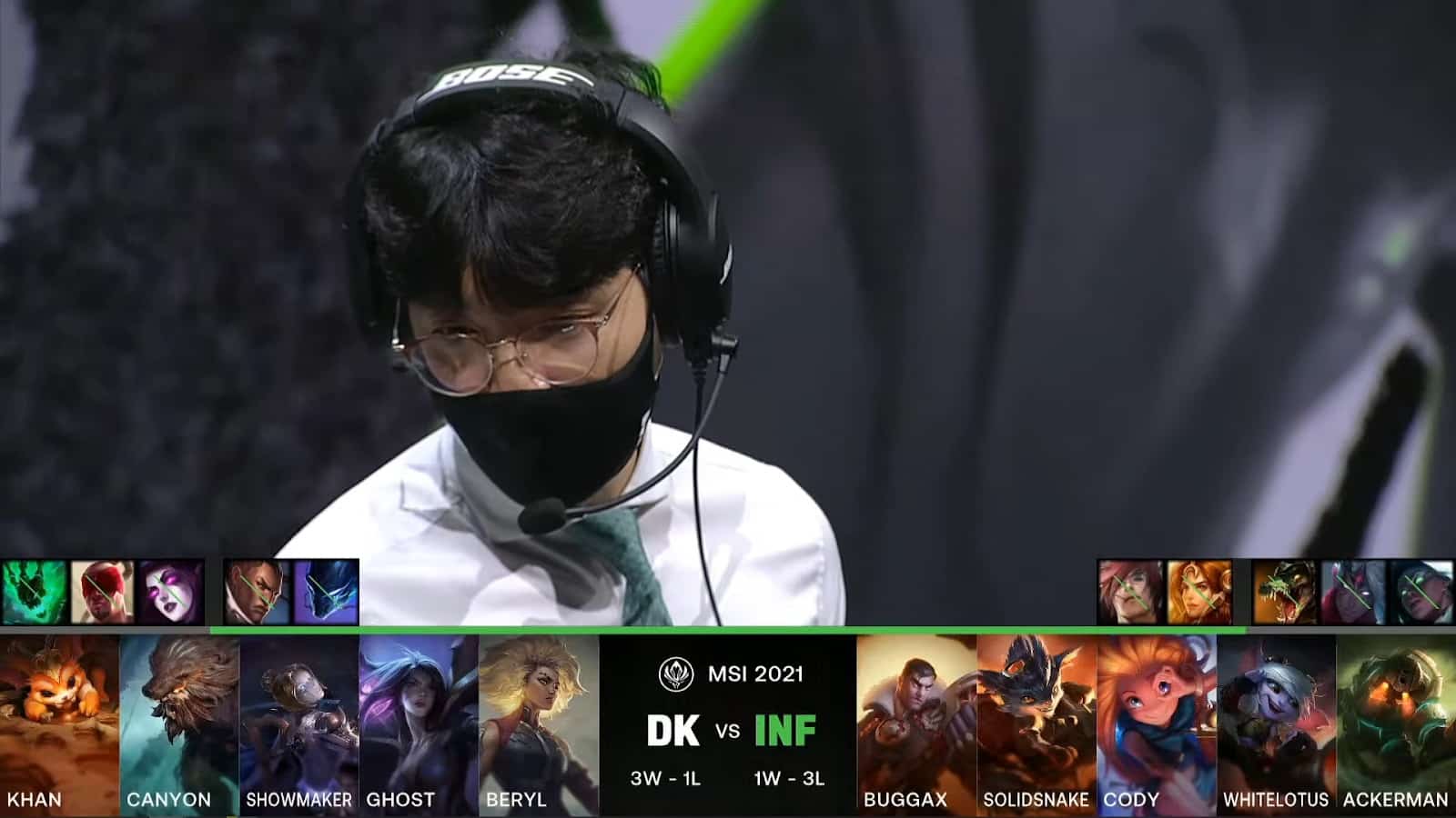 A screenshot from the LoL Esports broadcast for the Mid-Season Invitational (MSI) match between Infinity Esports and DAMWON KIA. The picked and banned champion drafts appear at the bottom of the image with a shot of the DK coach above.