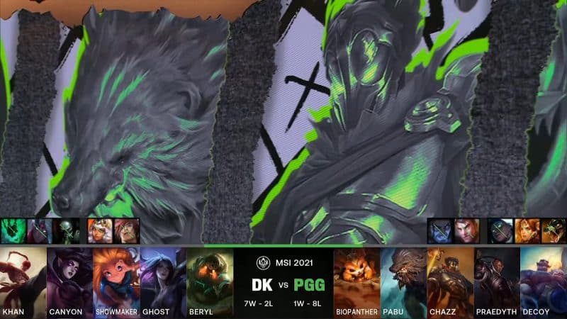 A screenshot from the LoL Esports broadcast for the Mid-Season Invitational (MSI) match between DAMWON KIA and Pentanet.GG. The picked and banned champion drafts appear at the bottom of the image with a shot of champions Udyr and Viktor above.