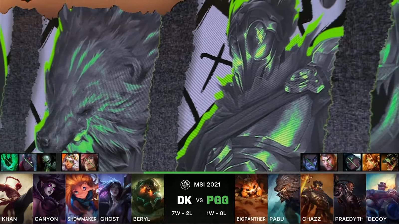 A screenshot from the LoL Esports broadcast for the Mid-Season Invitational (MSI) match between DAMWON KIA and Pentanet.GG. The picked and banned champion drafts appear at the bottom of the image with a shot of champions Udyr and Viktor above.