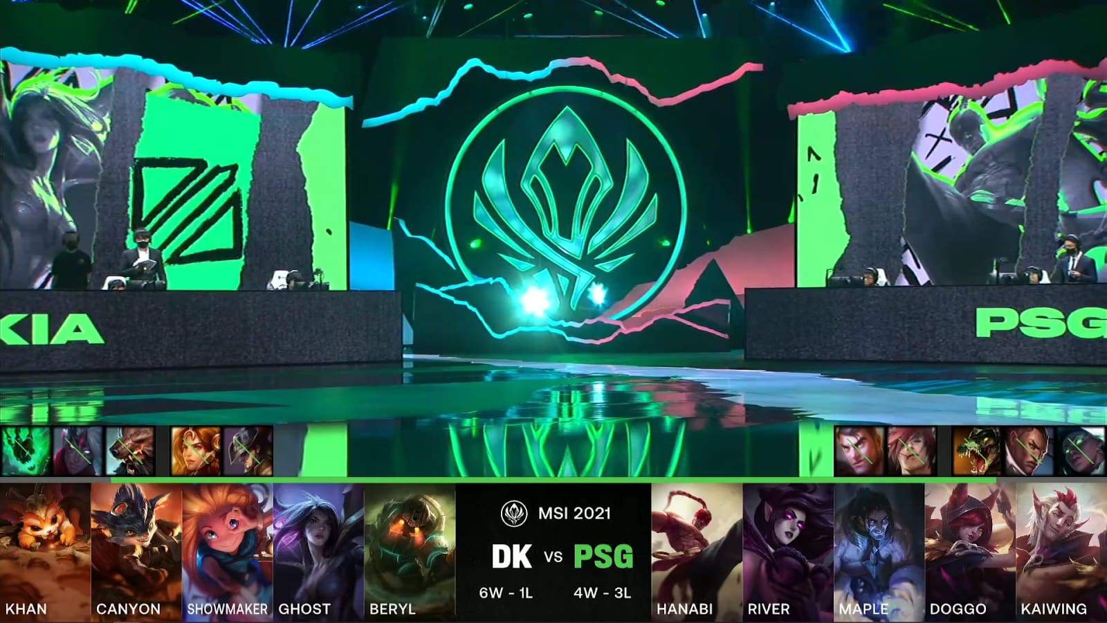 A screenshot from the LoL Esports broadcast for the Mid-Season Invitational (MSI) match between DAMWON KIA and PSG.Talon. The picked and banned champion drafts appear at the bottom of the image with a shot of the 2021 MSI stage above.