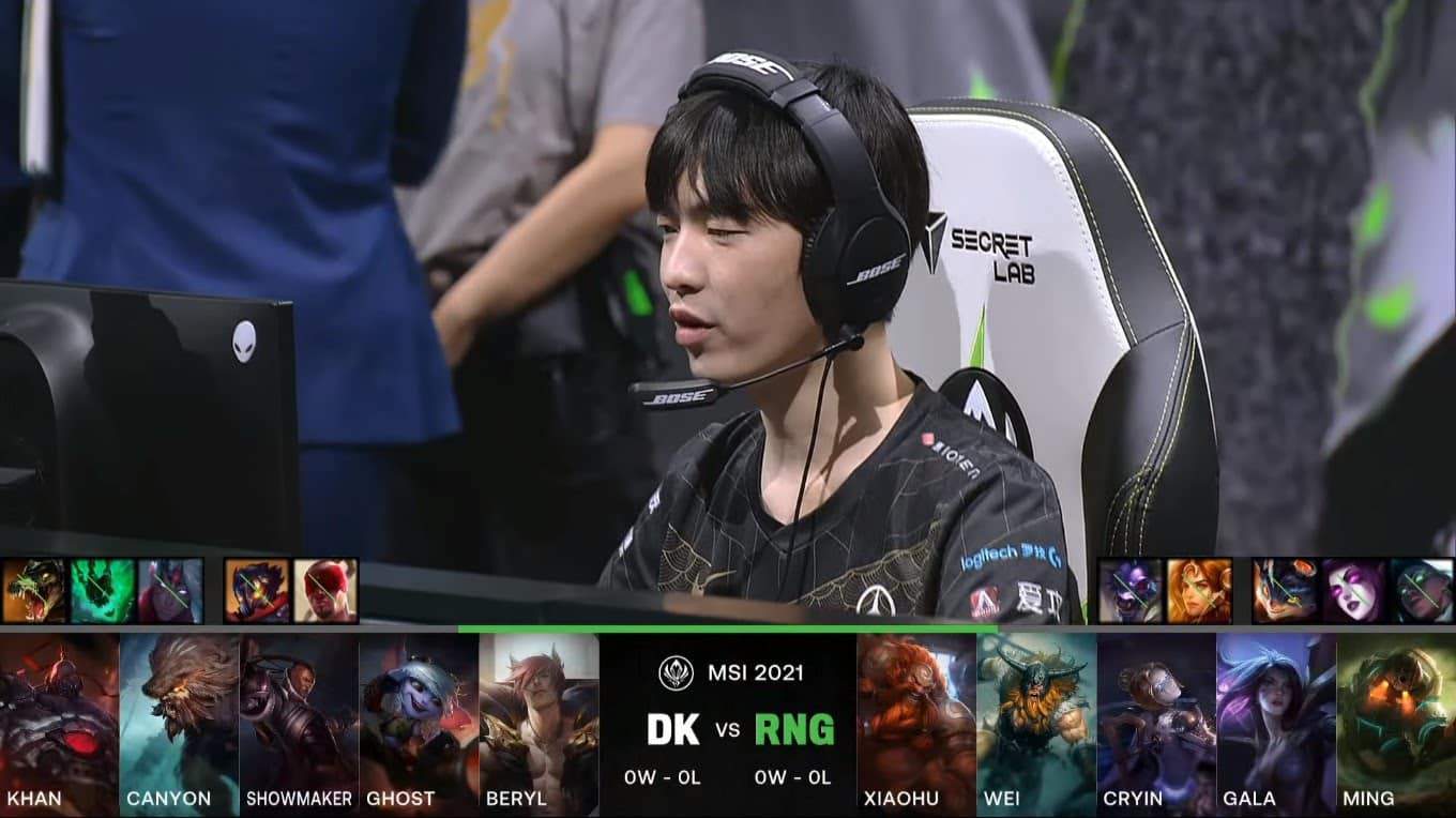 A screenshot from the LoL Esports broadcast for the Mid-Season Invitational (MSI) match between DAMWON KIA and Royal Never Give Up (RNG). The picked and banned champion drafts appear at the bottom of the image with a shot of RNG Xiaohu above.