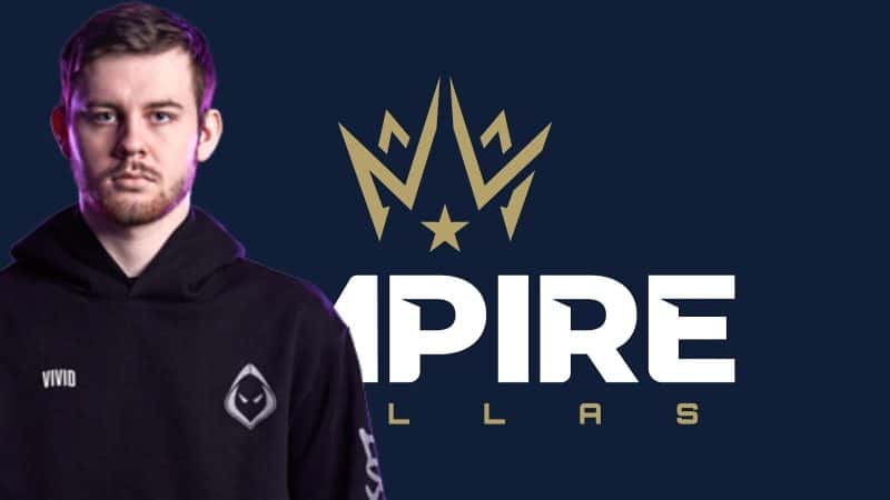 Pro Call of Duty League player Reece “Vivid” Drost stands in front of a Dallas Empire crown logo on a blue background.