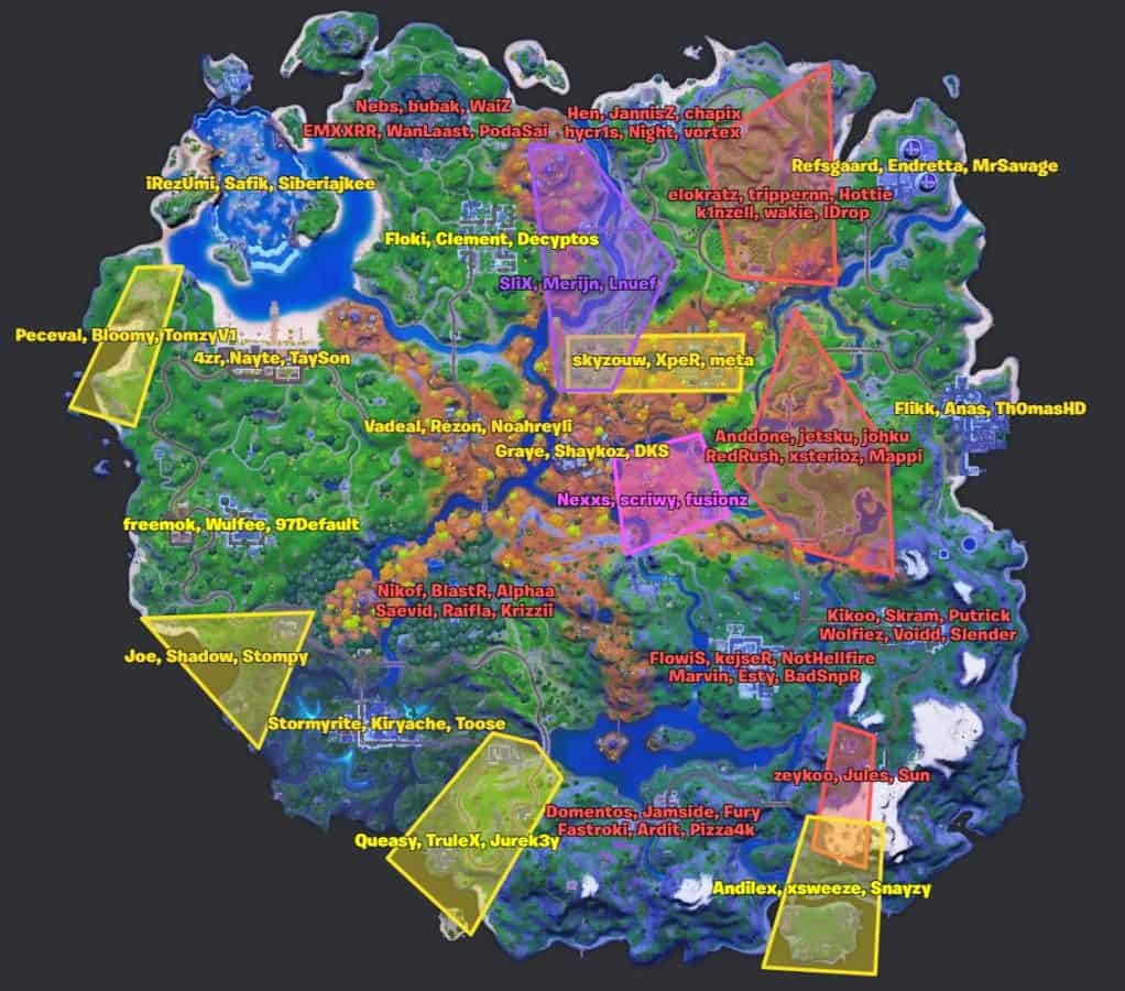 The Fortnite Chapter 2 Season 6 map with preferred drop locations for the European FNCS finalists pointed out.