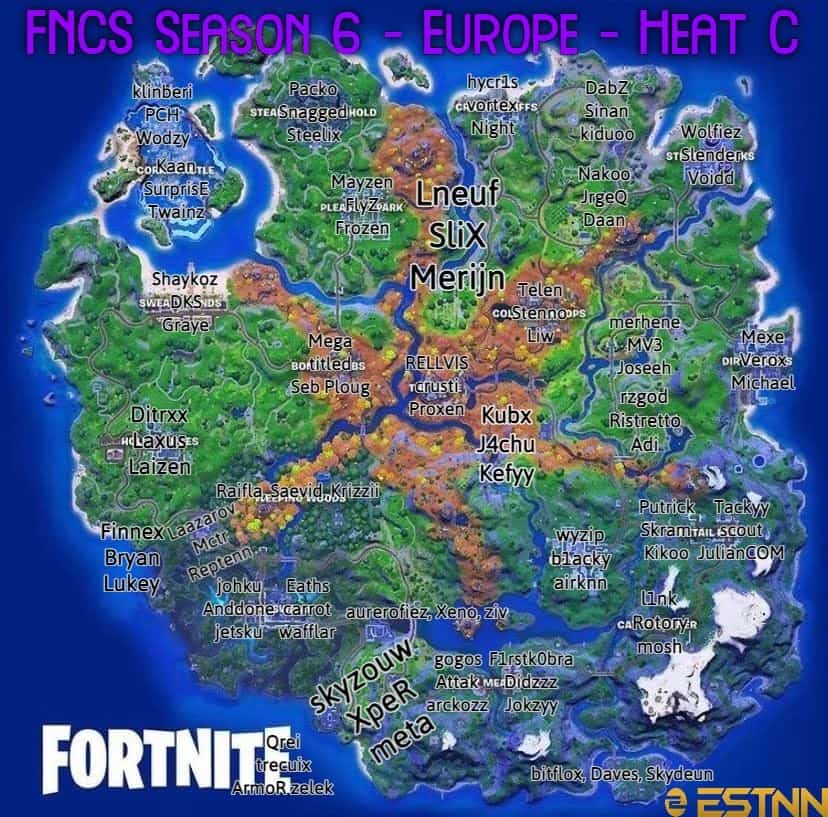The Fortnite Chapter 2 Season 6 map with names of European Heat C FNCS trios at their preferred drop locations.