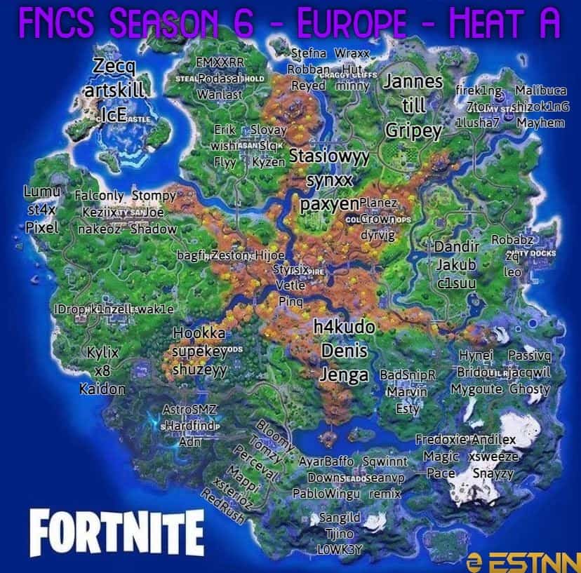 The Fortnite Chapter 2 Season 6 map with names of European Heat A FNCS trios at their preferred drop locations.