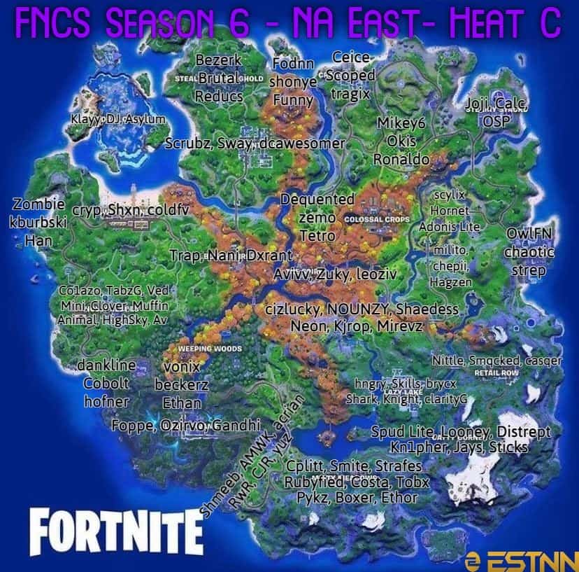 The Fortnite Chapter 2 Season 6 map with names of NA East Heat C FNCS trios at their preferred drop locations.