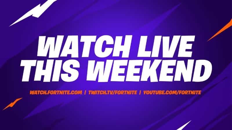 The words "Watch Live This Weekend" appear in large white letters above the links to the official Fortnite streams on a purple background.