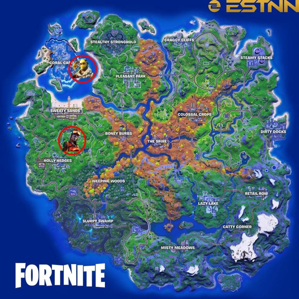 The Fortnite Chapter 2 Season 6 map highlighting two spot where players can obtain the Flare Gun.