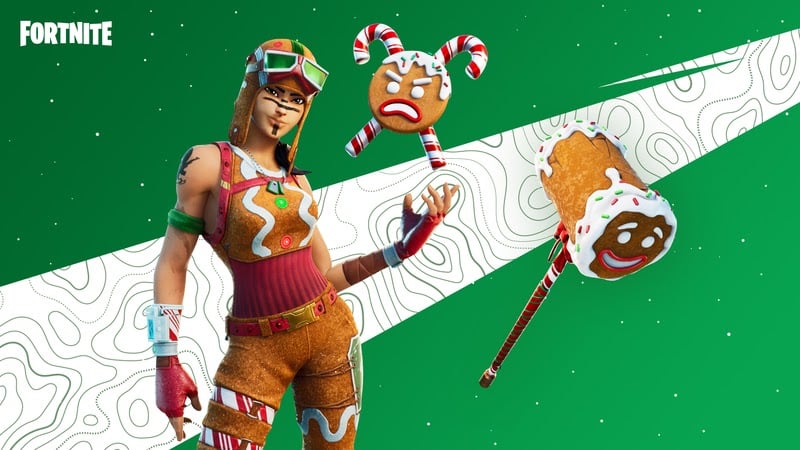 A female Fortnite character is dressed in the Gingerbread Raider Fortnite skin on a green and white background.