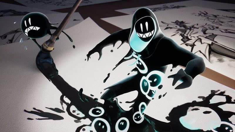 The Fortnite Grimey skin, a black paint humanoid gliding across paper.