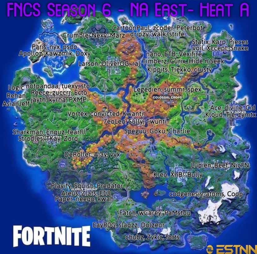 The Fortnite Chapter 2 Season 6 map with names of NA East Heat A FNCS trios at their preferred drop locations.