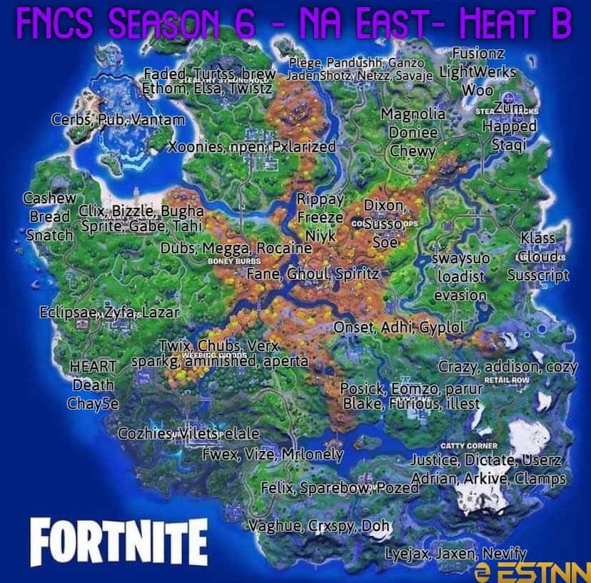 The Fortnite Chapter 2 Season 6 map with names of NA East Heat B FNCS trios at their preferred drop locations.