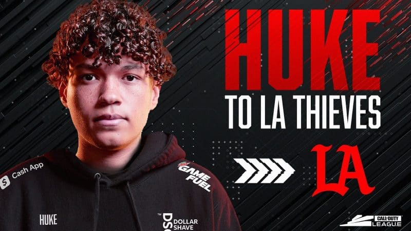 Pro CoD player Cuyler “Huke” Garland appears next to the words "Huke to LA Thieves" next to him with the Call of Duty League logo in the corner.